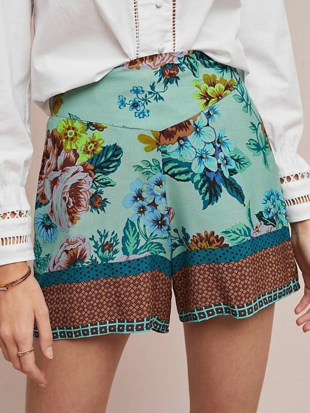 Maeve Anthropologie Shorts Mint and Teal Floral Print 6